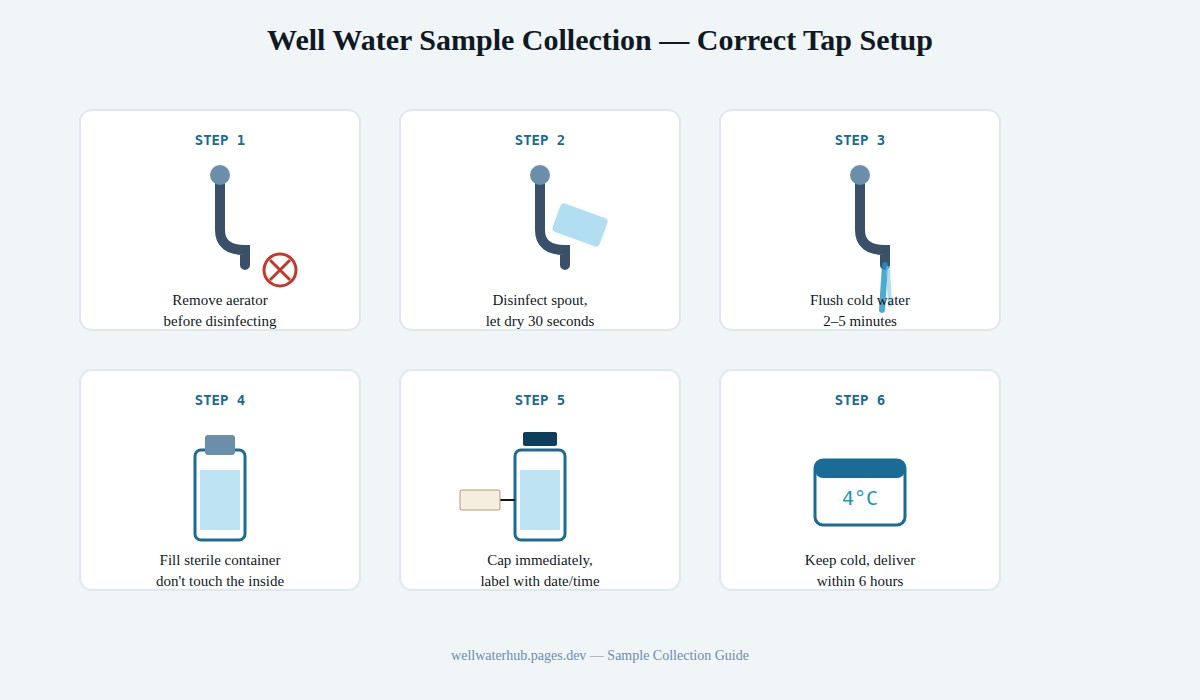 Six-step diagram showing how to collect a well water sample: remove aerator, disinfect spout, flush water, fill sterile container, cap and label, keep cold for transport