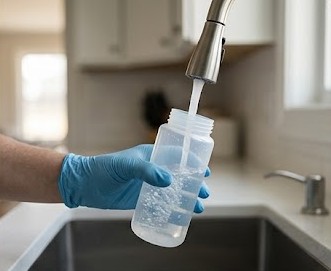 Collecting a well water sample from a kitchen tap for lab testing