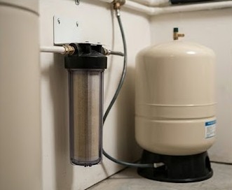 Basement water treatment setup with sediment filter and pressure tank